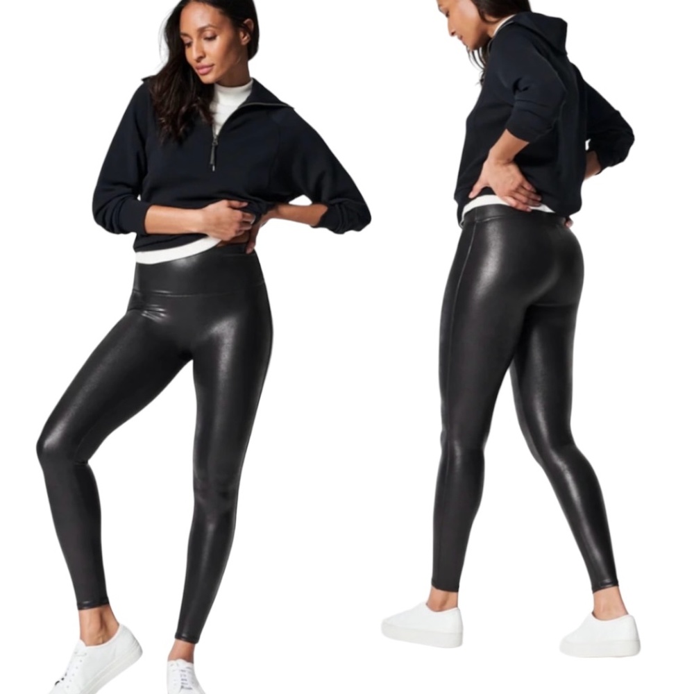 SPANX Black Faux Leather Leggings in LIKE NEW Condition US Sz L